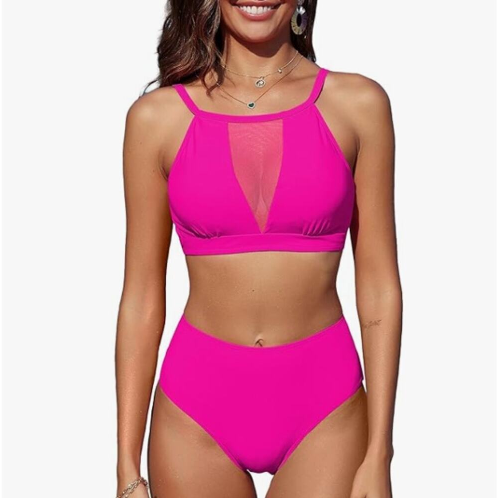 Sheer Mesh Deep Plunge Tankini Bikini Swimsuit Top Pink NWT Size XL